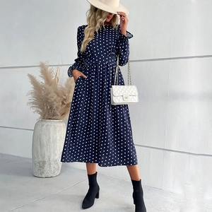 Elegant Women Polka Dot Long Sleeve Midi Dress Round Neck High Waist A-Line Ruffle Cuff Polyester Dress Navy Blue Autumn