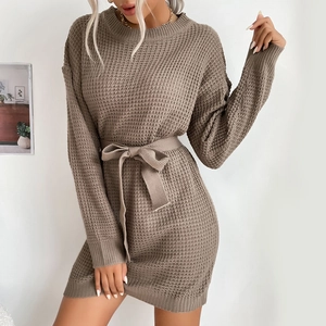 Brown long sleeve waffle knit mini dress with waist tie belt for autumn winter style