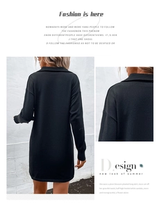 Detailed views of a black long-sleeve knit polo dress with a zipper and high collar