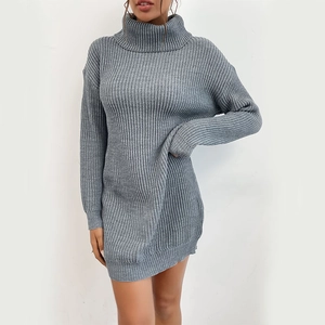 Slim fit grey turtleneck long sleeve ribbed knit sweater dress for autumn wear