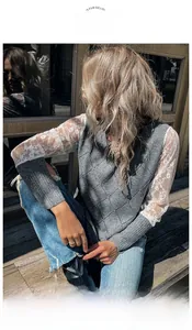 Detail of grey knit vest with lace sleeves and diamond pattern on a female model