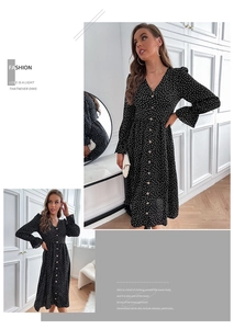 Close-up of black polka dot dress with V-neckline, buttons and elegant ruffled sleeves