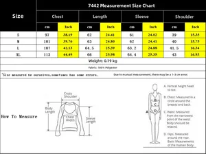 Tableau des tailles pour chemise à manches longues imprimée avec mesures S-XL et 100% polyester