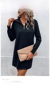 Detail of black knit dress featuring a classic polo collar and quarter-zip metal closure