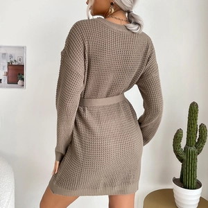 Brown waffle knit long sleeve mini dress with adjustable belt for a casual look