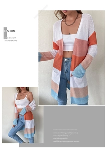 Close-up of color-block striped knit cardigan featuring functional side pockets and cuffs