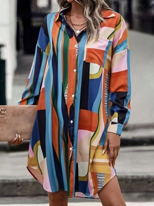 Oversized long sleeve shirt dress with colorful geometric prints and lapel collar for women
