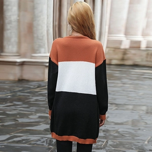 Long-sleeved tricolor colorblock knit cardigan in orange, white, and black for women