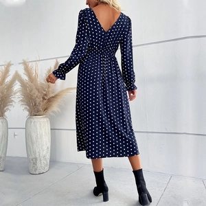 Elegant navy blue polka dot long sleeve dress with V-neck back and elastic waist