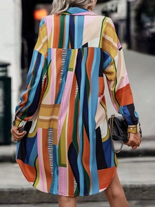 Women's autumn color-block shirt dress with geometric patterns and turn-down collar