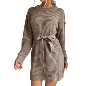Women's long sleeve waffle knit dress with waist tie in deep brown color and crew neck