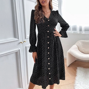 Women Vintage Polka Dot V-Neck Dress Long Sleeve Button Front Slit Midi Elegant Casual Autumn Dress for Women Fashion