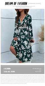 Detail of dark green floral maxi dress featuring V-neckline with white lace trim details
