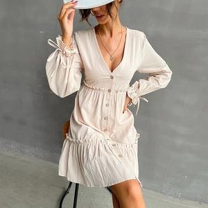 Vestito da Donna Elegante Francese Scollo a V Manica Lunga Monopetto con Volant Manica a Lanterna Polsino con Fiocco Vita Alta Tinta Unita Misto Cotone Mini Abito