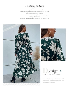 Detail of green floral maxi dress featuring elegant white plum blossom prints and pleated hem