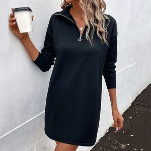 Women's black knit dress with half-zipper collar and long sleeves for autumn style