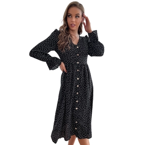 Elegant black polka dot midi dress with V-neck, long flare sleeves and button detail
