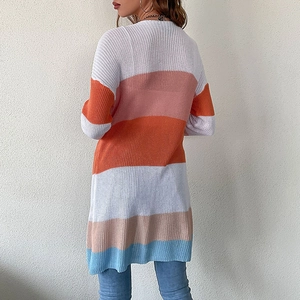 Women's long knit cardigan with vibrant multi-color horizontal stripes in a straight fit