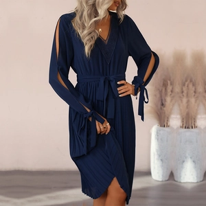 Robe Midi Élégante pour Femme Bleu Marine Col en V Dentelle Épaules Dénudées Plissée Manches Longues Ceinturée Chiffon Fête Automne