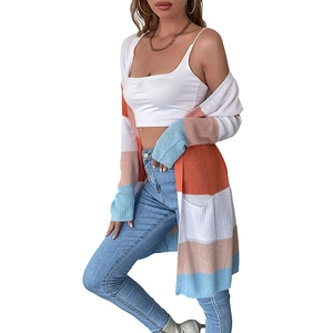 Women's long knit cardigan with multi-color horizontal stripes and functional pockets