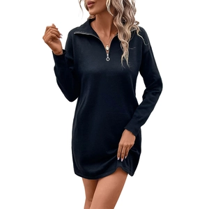 Women's black quarter-zip knit dress with a polo collar and long sleeves for autumn
