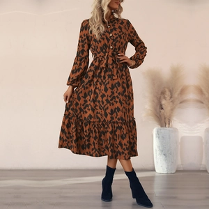 Robe Midi Imprimé Léopard pour Femme Élégante Col Montant Manches Longues Ourlet à Volants Robe de Fête Mode Décontractée
