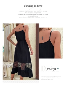 Detail view of the elegant lace stitching and sheer mesh texture on the black slip dress
