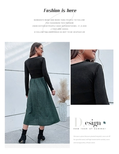 Dettaglio del corpetto in maglia a maniche lunghe e gonna a pieghe floreale verde scuro