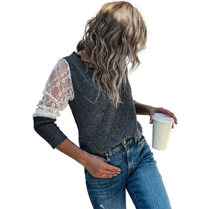 Grey knit sweater for women with white lace patchwork sleeves and diamond pattern
