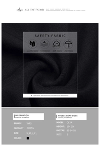 Detail view of black knit dress fabric texture with size chart and model measurements