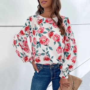 Blouse Élégante à Imprimé Floral pour Femme Col Rond Manches Lanternes Longues Poignets Froncés Haut Casual en Polyester