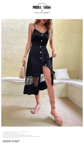 Detail of V-neck summer black strap dress with button decor and lace insert