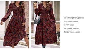 Détail d'une robe longue fleurie avec col en V, taille ajustée et manches longues élégantes
