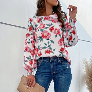 Blouse fleurie à manches longues en mousseline pour femme avec col rond et poignets
