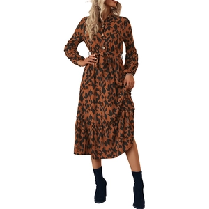 Robe midi léopard à manches longues avec col chemise et ceinture pour femmes