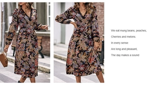 Dettaglio dell'abito paisley con scollo a V, pizzo nero e maniche lunghe aderenti