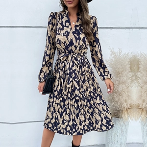 Women Elegant V Neck Belted Long Sleeve Pleated Midi Dress Abstract Animal Print Autumn Winter Slim Fit Commuter Party Dress
