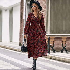 Robe Longue Femme Élégante Col V Imprimé Floral Manches Longues Polyester Taille Haute Ligne A Automne Printemps Casual