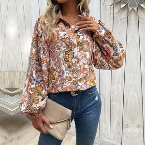 Blouse Femme Bohème Imprimé Paisley Manches Longues Vintage Manches Lanterne Boutonné Haut Décontracté pour Voyage