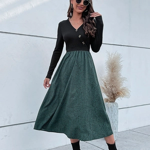 Abito Donna Elegante Finto Due Pezzi Patchwork Manica Lunga Scollo a V Bottone Pois Stampa Leopardata Midi Linea A