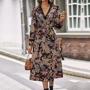 Abito Midi da Donna Vintage con Stampa Paisley Scollo a V Pizzo Manica Lunga Elegante Vita Alta Linea A Bohémien Casual Festa