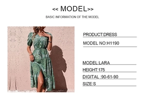 Tabella taglie e info modella per l'abito lungo bohémien verde con stampa floreale