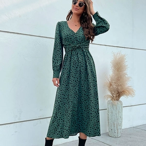 Women Elegant V-Neck Long Sleeve Midi Dress Dark Green Polka Dot Print Twist Waist A-Line Slim Fit Commuter Retro Long Dress