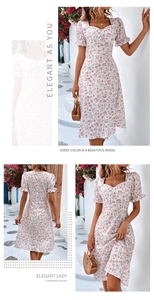 Détails de la robe fleurie à col carré avec manches à volants et coupe trapèze