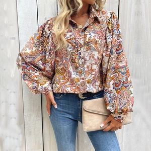 Chemisier femme imprimé paisley avec manches bouffantes et col en V style bohème