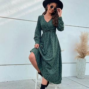 Fashionable dark green V-neck long sleeve polka dot dress with waist twist knot detail