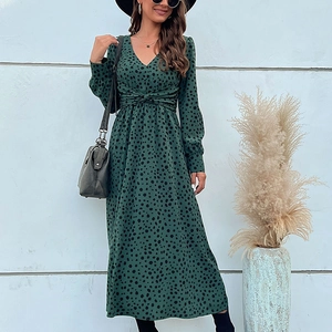 Long-sleeved dark green leopard print midi dress with V-neckline and twist waist detail