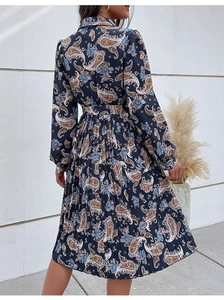 Detail of long sleeve paisley print dress featuring lapel collar and pleated skirt design