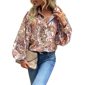 Blouse femme à imprimé paisley vintage avec manches bouffantes et col à revers classique