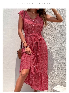 Close-up of red floral print midi dress featuring V-neckline and button-down front detail
